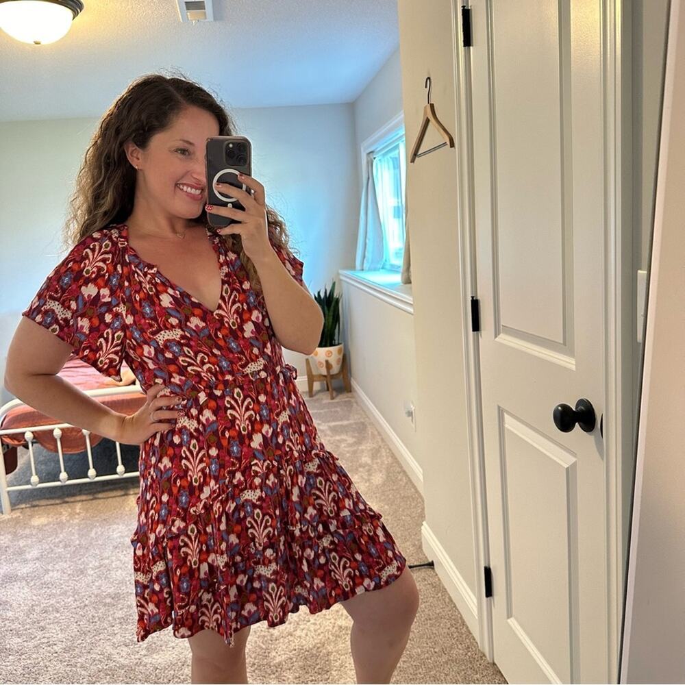 Anthropologie Red Burgundy Ikat Floral Mini Dress Small - Picture 2 of 11
